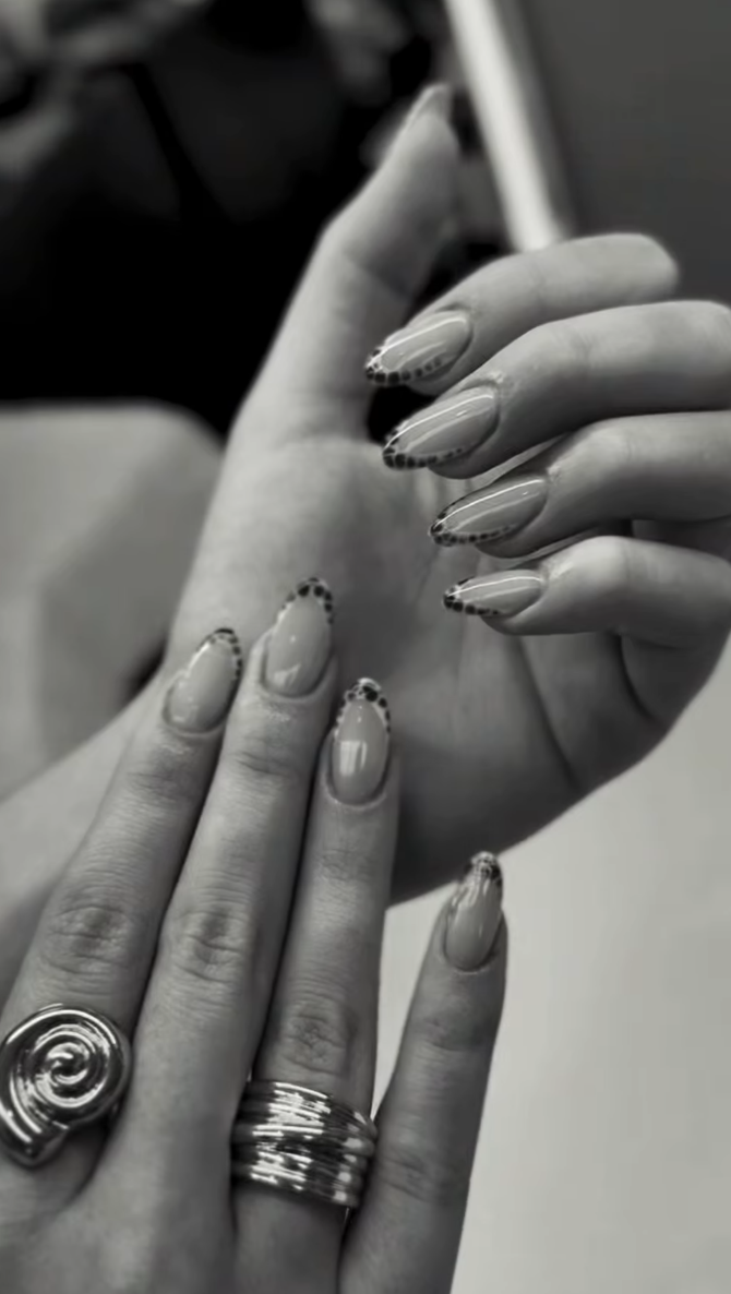 French nude con puntos negros nail art en blanco y negro — Russian manicure Cape Coral FL