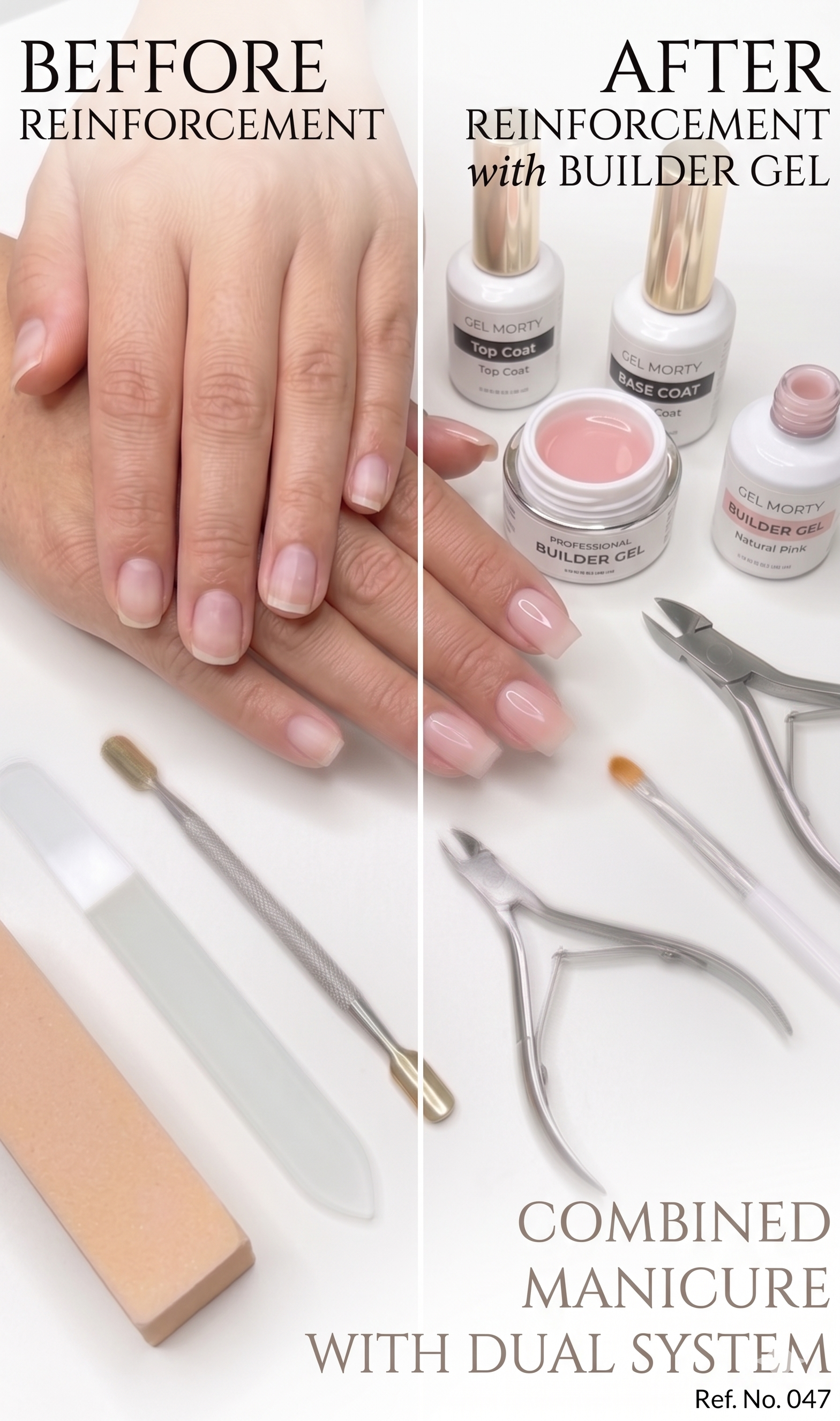Builder gel reinforcement before and after en Bencomo Studio Cape Coral FL — refuerzo de uñas con gel builder, natural pink, resultado duradero