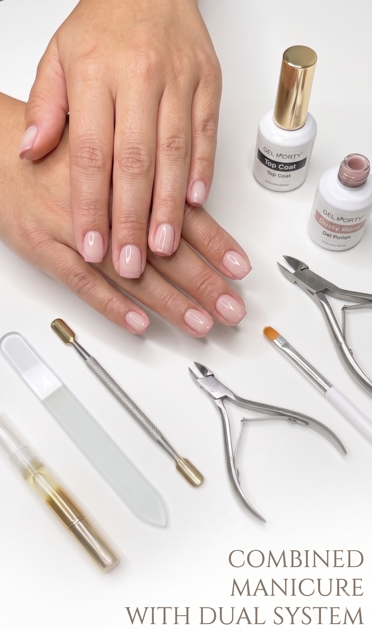 Combined manicure with Gel-X system en Bencomo Studio Cape Coral FL — extensiones Gel-X, manicura rusa, esmalte duradero dusty rose